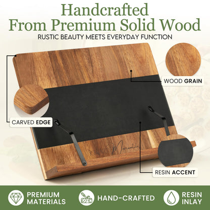 Cookbook Stand for Kitchen Counter – Adjustable Wood Book Holder with Resin Accent, Rustic Recipe Book Stand with Secure Page Grips, Compatible with Cookbooks & Tablets