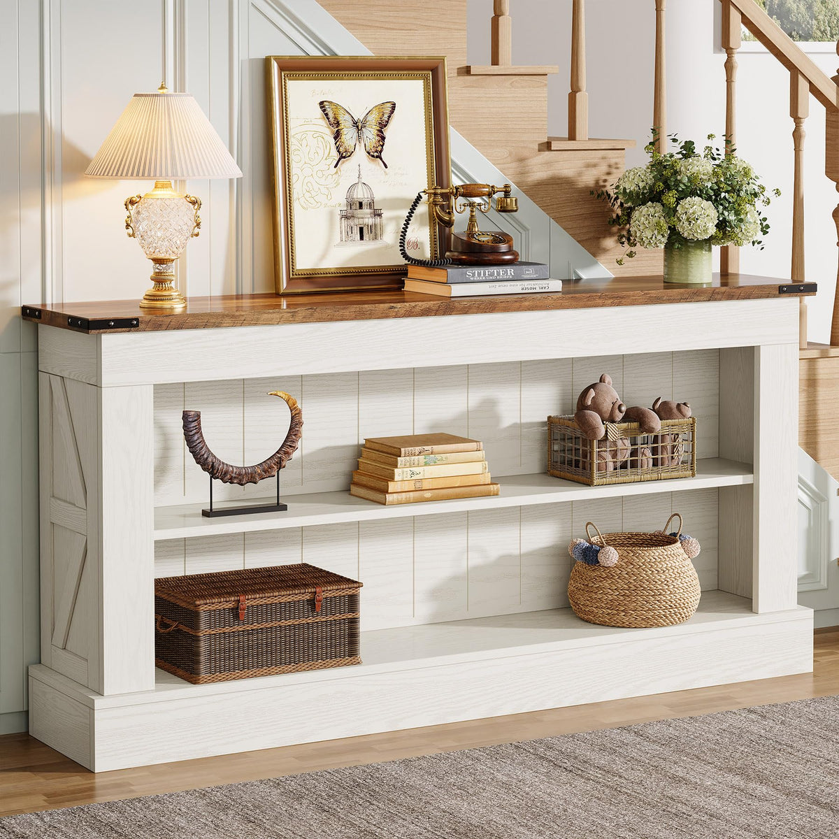 Tribesigns 63-Inch Long Console Table for Entryway, Narrow Long Entry Table with Shelves for Living Room, Farmhouse Sofa Console Behind Couch, for Foyer, Hallway, White and Brown