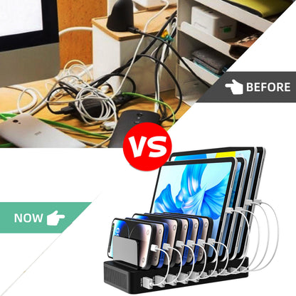 Haioulun 100W 10-Port Smart Charging Station | 5 USB-A & 5 USB-C Ports | Organized Design for Cellphones, Tablets, Watches & More (Black)