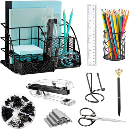 KAAKOW Black Desk Organizers and Accessories Office Supplies Set Stapler, Pen Holder, Phone Holder, Scissors, Pen, Ruler, 30 Paper Clips, 22 Binder Clip, 20 Tacks and 1000pcs Staples