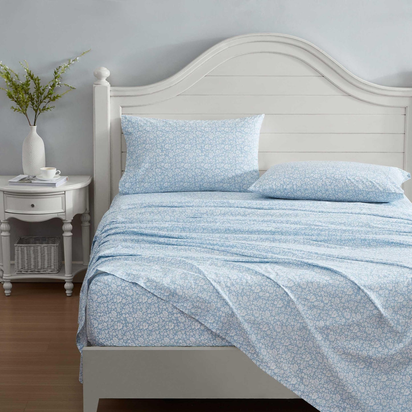 Laura Ashley - King Sheets, Cotton Percale Bedding Set, Lightweight & Breathable Home Decor (Heirloom Ditzy Blue, King)