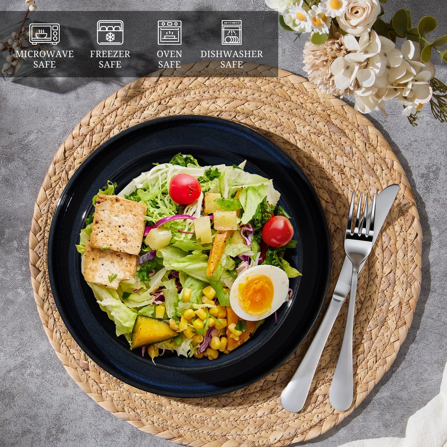 E-far Pasta Bowls Set of 4, 35oz Large Salad Bowl Plate for Dinner Serving, Wide & Shallow Ceramic Stoneware Pasta Plates, Microwave & Dishwasher Safe, Reactive Glaze Textured Stripes, Dark Blue