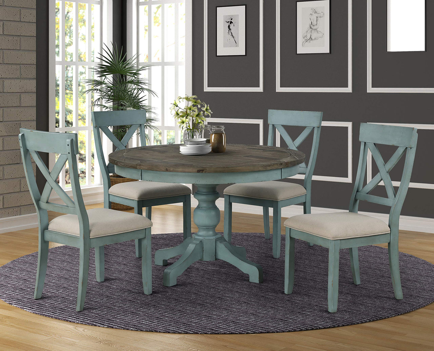 Roundhill Furniture Prato 5-Piece Round Dining Table Set with Cross Back Chairs, Antique Blue and Weathered Walnut