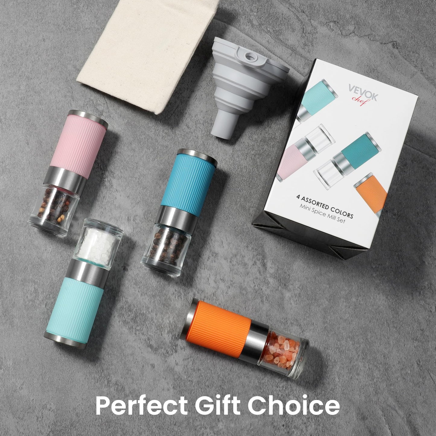 VEVOK CHEF Small Salt and Pepper Grinder 4Pcs Portable Mini Glass Salt Spices Grinder Ceramic Salt Black Pepper Shakers Tiny Pepper Mill Salt Grinder for Travel Lunch Box Kitchen Gift