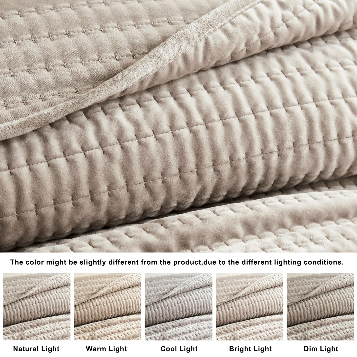 WDCOZY Velvet King Size Quilt Set - Beige Striped Pick Stitch Soft Lightweight Bedspread, Neutral Channel Farmhouse Country Rustic Coverlet, Modern Bedding Warm Thin Comforter, 3 Pieces