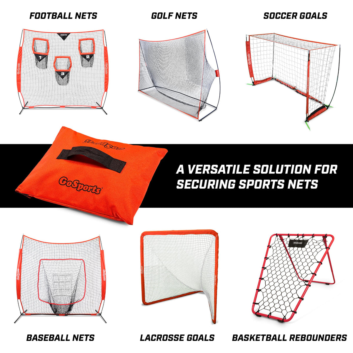 GoSports Sports Net Sandbags Set of 4 Weighted Anchors for Baseball Nets, Soccer Goals, Golf Nets, Football Nets, Hockey Nets and More, Orange