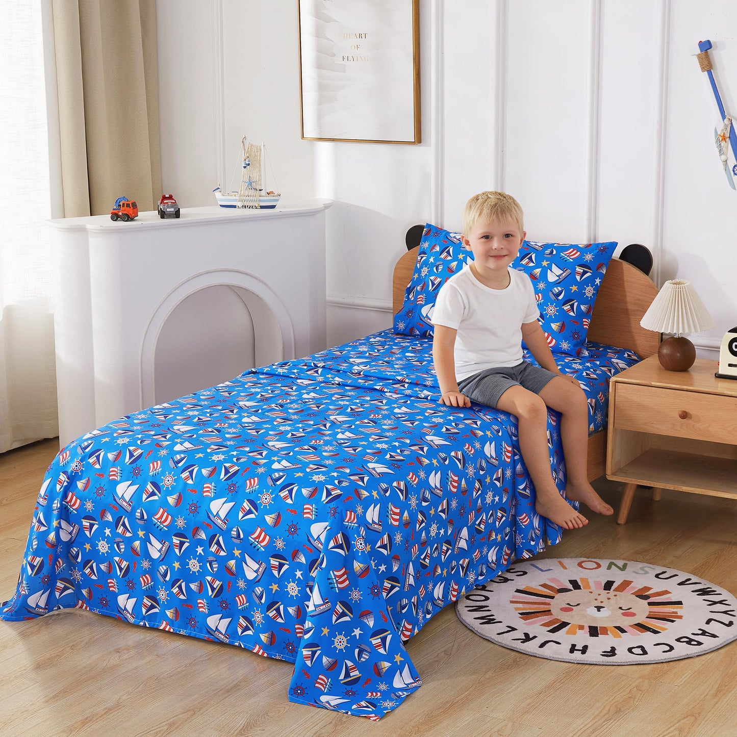 Softan Kids Bed Sheet Set, 3-Piece Twin Sheets Set, Microfiber Fitted Sheet with 15 Inches Deep Pocket and Corner Straps, Breathable & Silky Soft Blue Sailboat Pattern Sheet and Pillowcase Sets