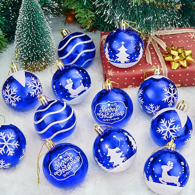 Joiedomi 24 Pcs Christmas Ball Ornaments, Blue & White 2.3” Deluxe Delicate Painting & Glittering Shatterproof Christmas Tree Ornaments for Wreath Garland Holiday Indoor Party