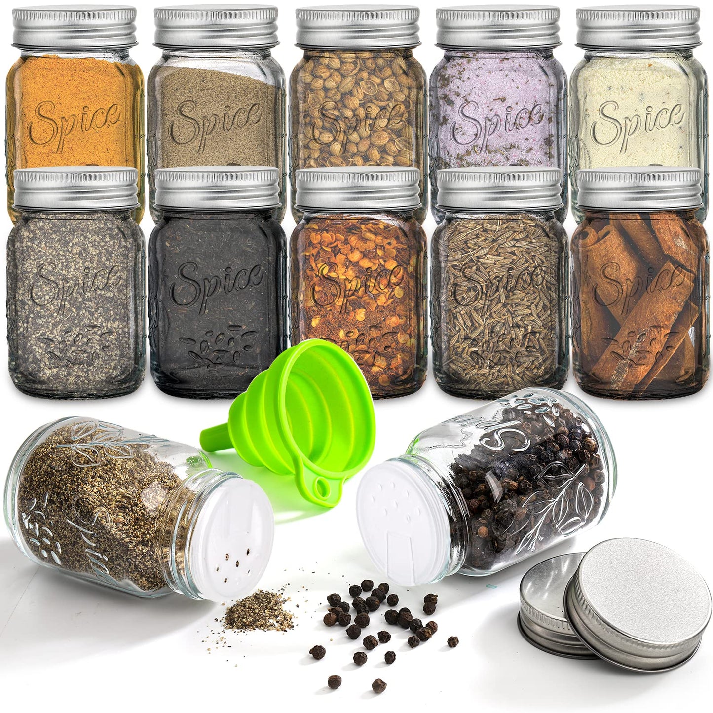 Coloch 30 Pack 4 Oz Glass Mason Spice Jar with Shaker Lids& Labels, Empty Spice Bottle Mini Mason Jars with Airtight Metal Caps and Collapsible Funnel for Herbs & Spices