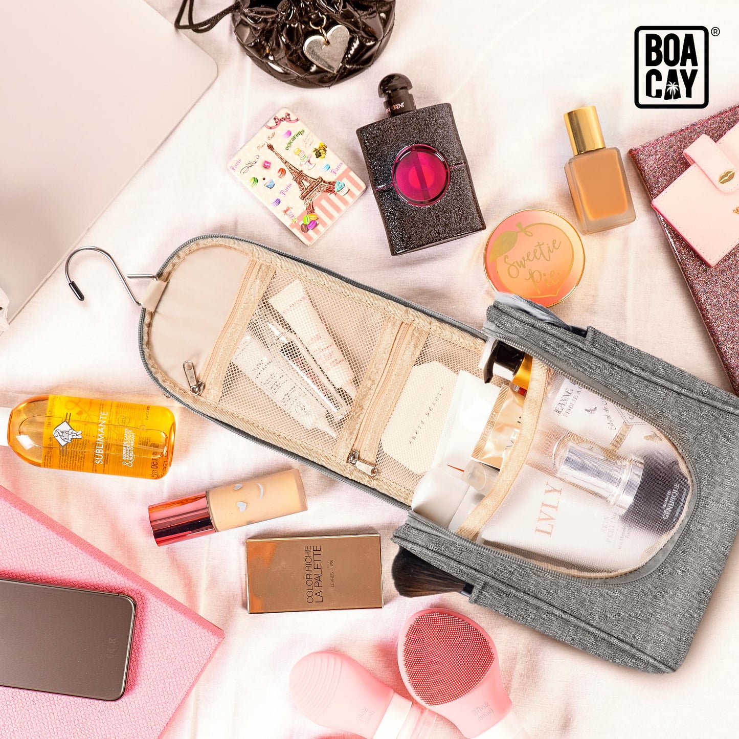 BOACAY Small Hanging Travel Toiletry Bag for Women & Men, Makeup Bag, Shower & Wash Bag, Organiser Kit for Cosmetics, Essentials, Travel Accessories (S) Quartz Gray