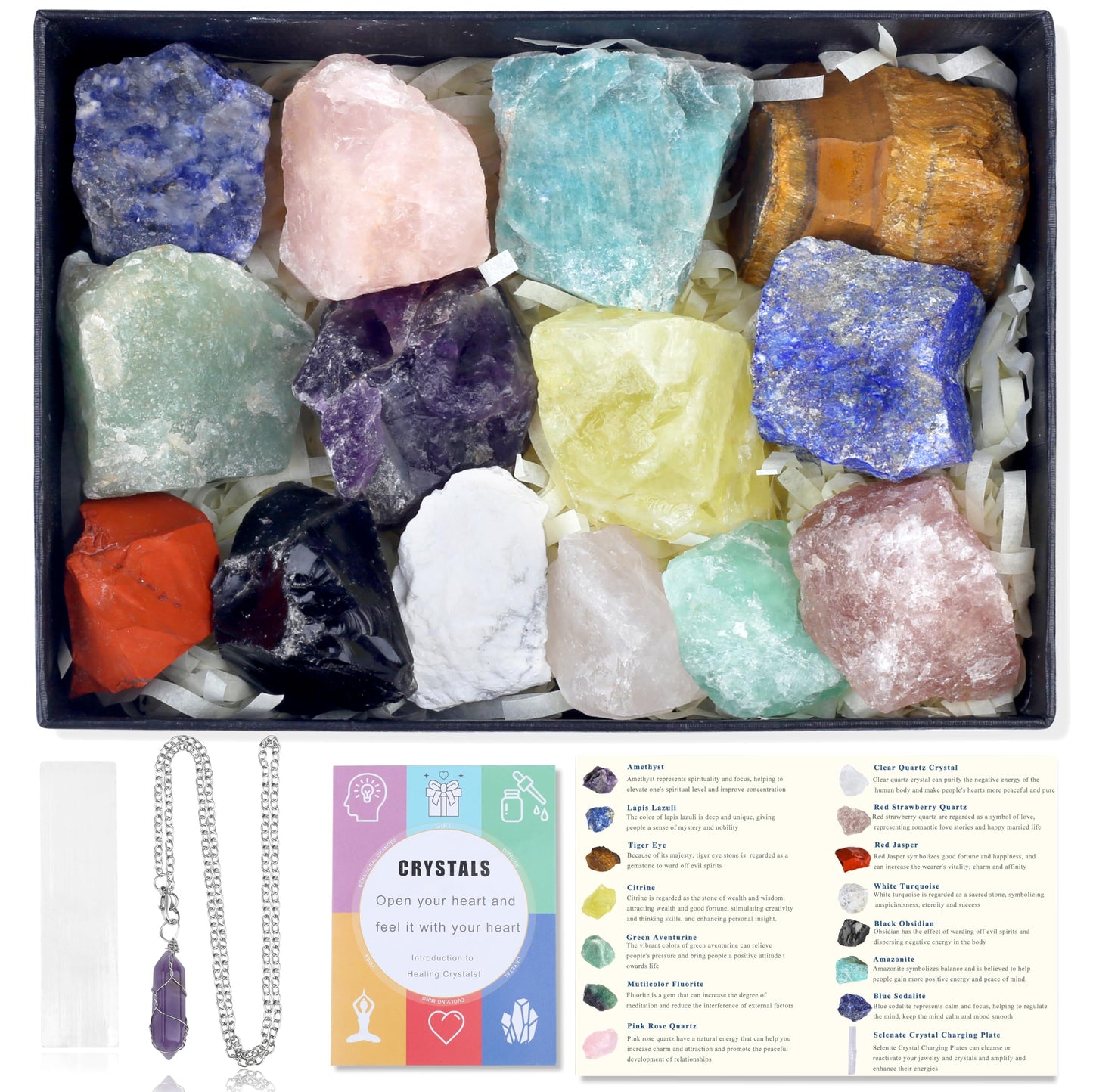 MAIBAOTA 17 Pcs Crystals and Healing Stones 14 Pcs Raw Healing Crystals and Chakra Stones Set Amethyst Rose Quartz Selenite Gemstones Necklace for Meditation Guide for Beginners (with Gift Box)