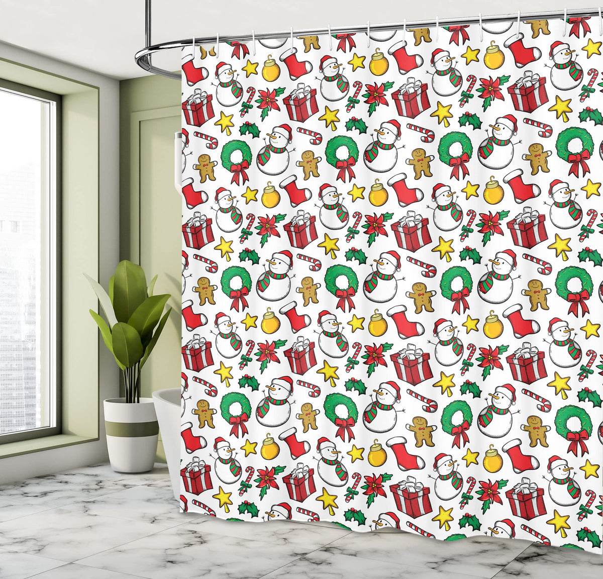 Ambesonne Christmas Shower Curtain, Classical Inspirational Wreath with Candy Cane Snowman Patterns Feast Theme, Cloth Fabric Bathroom Decor Set with Hooks, 69" W x 70" L, Red and White