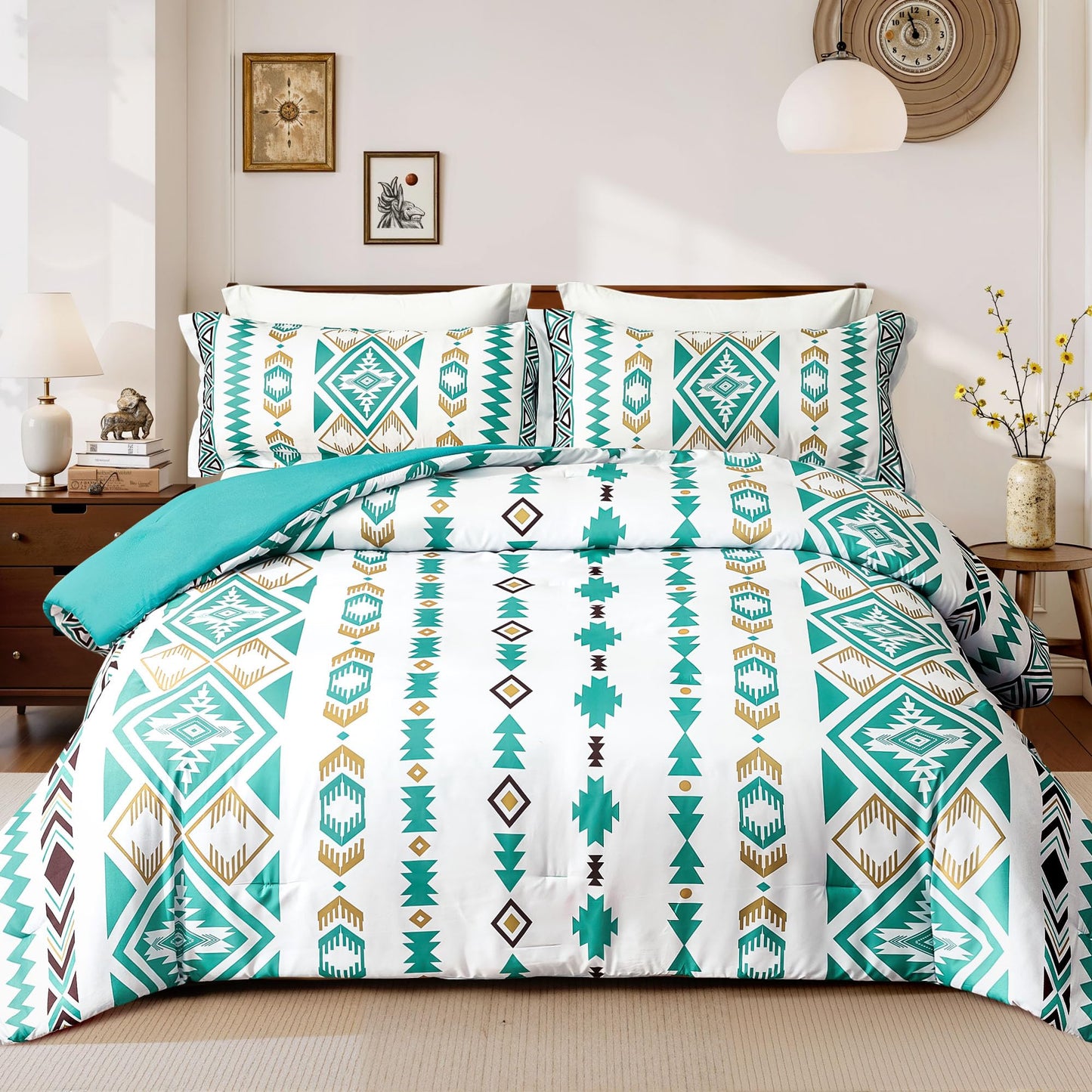 Tyrot King Comforter Set – 3 Piece Turquoise Boho Aztec Bedding, Western Southwestern Style Comforter Sets, Soft Lightweight Comforter for All Seasons, 1 Comforter & 2 Pillow Shams