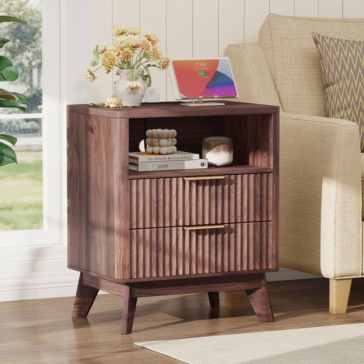 Baoz Walnut Fluted Nightstand with Charging Station & 2 Drawers for Bedroom
