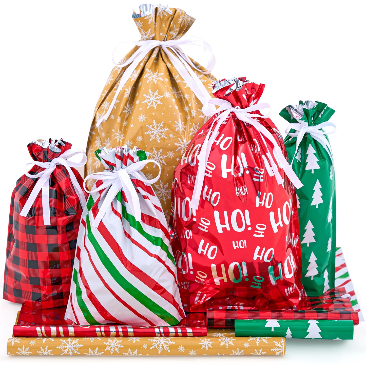 JOYIN 36 PCS Christmas Drawstrings Gift Bags Assorted Sizes(Large Medium Small), Xmas Reusable Plastic Bag for Presents Wrapping, Holiday Party Favors