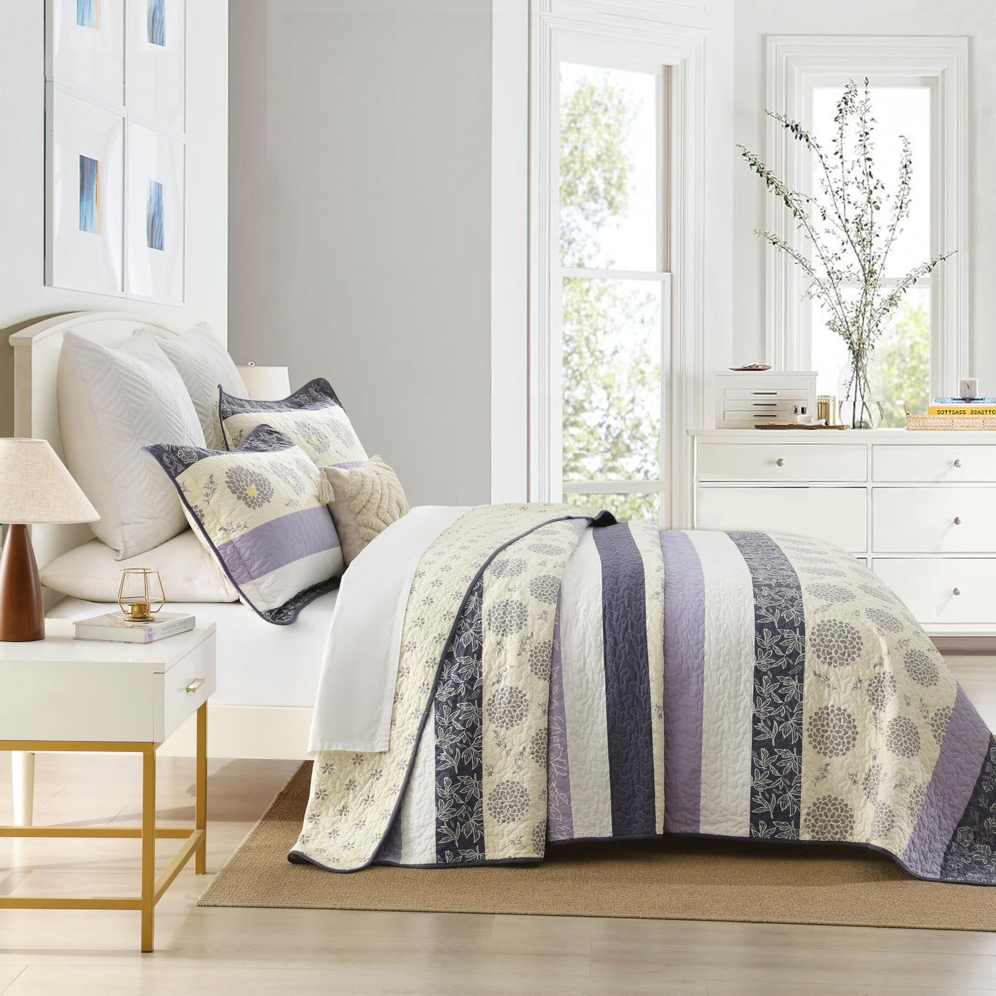 Homzard Floral Comforter Set Queen Size,Purple Lavender Beige Queen Size Quilt Set,All Cotton Quilted Comforter,Striped Floral Pattern Bedding Bedspread, 3 Piece All Season