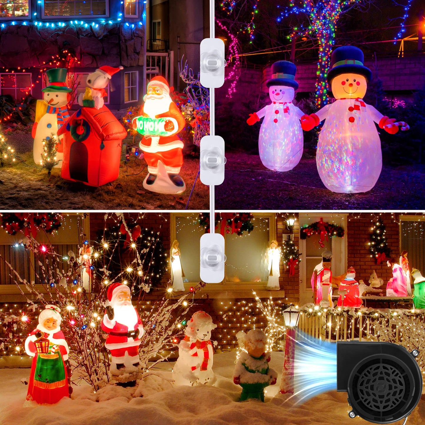 Hiboom 2 Pack Replacement Fan Blower, 12V 1.2A Mini Air Blower with 3 LED Light String for Inflatables Indoor Outdoor, 12V 1.5A Adapter for Halloween Christmas Holiday Inflatables Fan Blow up Motor