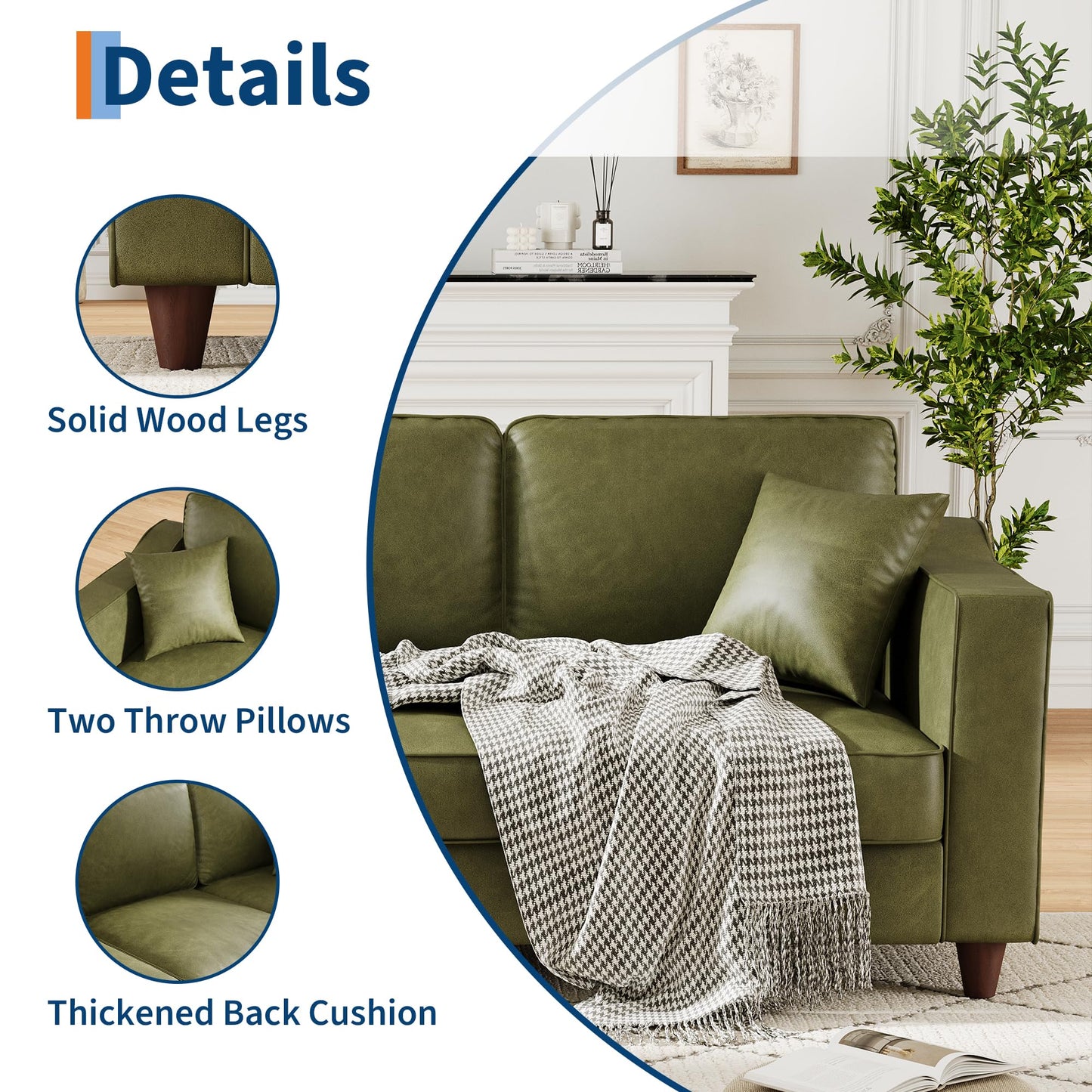 Faux Leather Couch with 2 Throw Pillows, Sofa Couches for Living Room, 3 Seater Sofa with Wide Armrests, Wood Legs, Deep Seats, Back Cushion, Sturdy Support Feet, for Office, Living Room, Olive Green