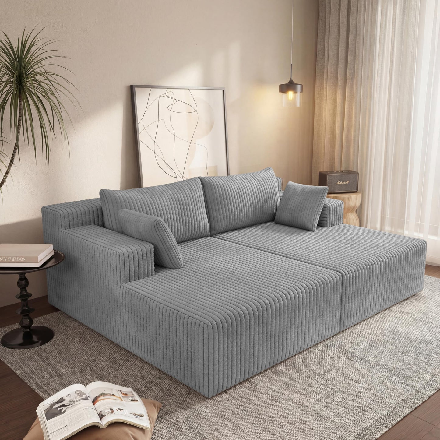 71-Inch Fluffy Corduroy Boneless Sleeper Daybed Loveseat Double Recliner Chaise Lounge Sofa Couches, Floor Cloud Sofa Chaise W/4 Pillows for Home Apartment Living Room