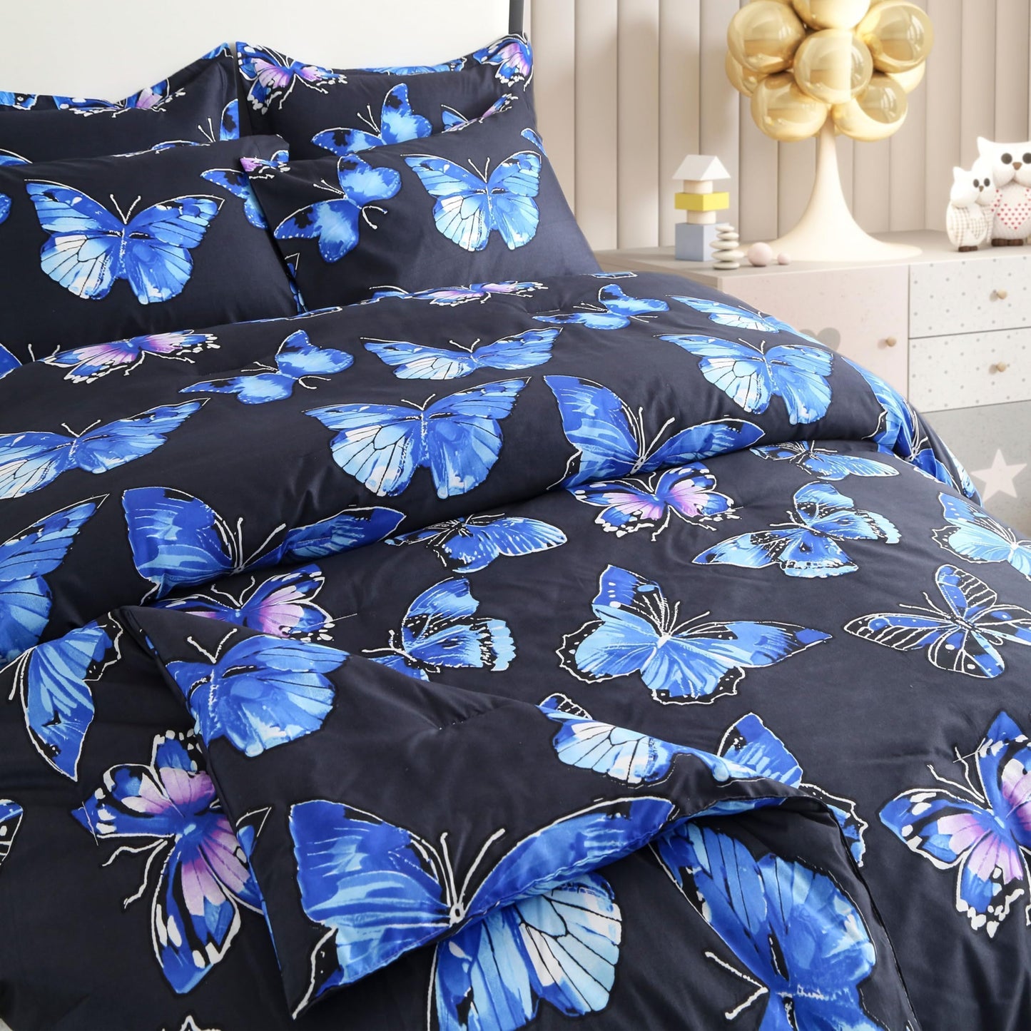 SDIII Blue Butterfly Comforter Set Twin 3 Pieces, Soft Microfiber Lightweight Blue Butterfly Twin Bedding Set for Girls Kids and Teens All Season