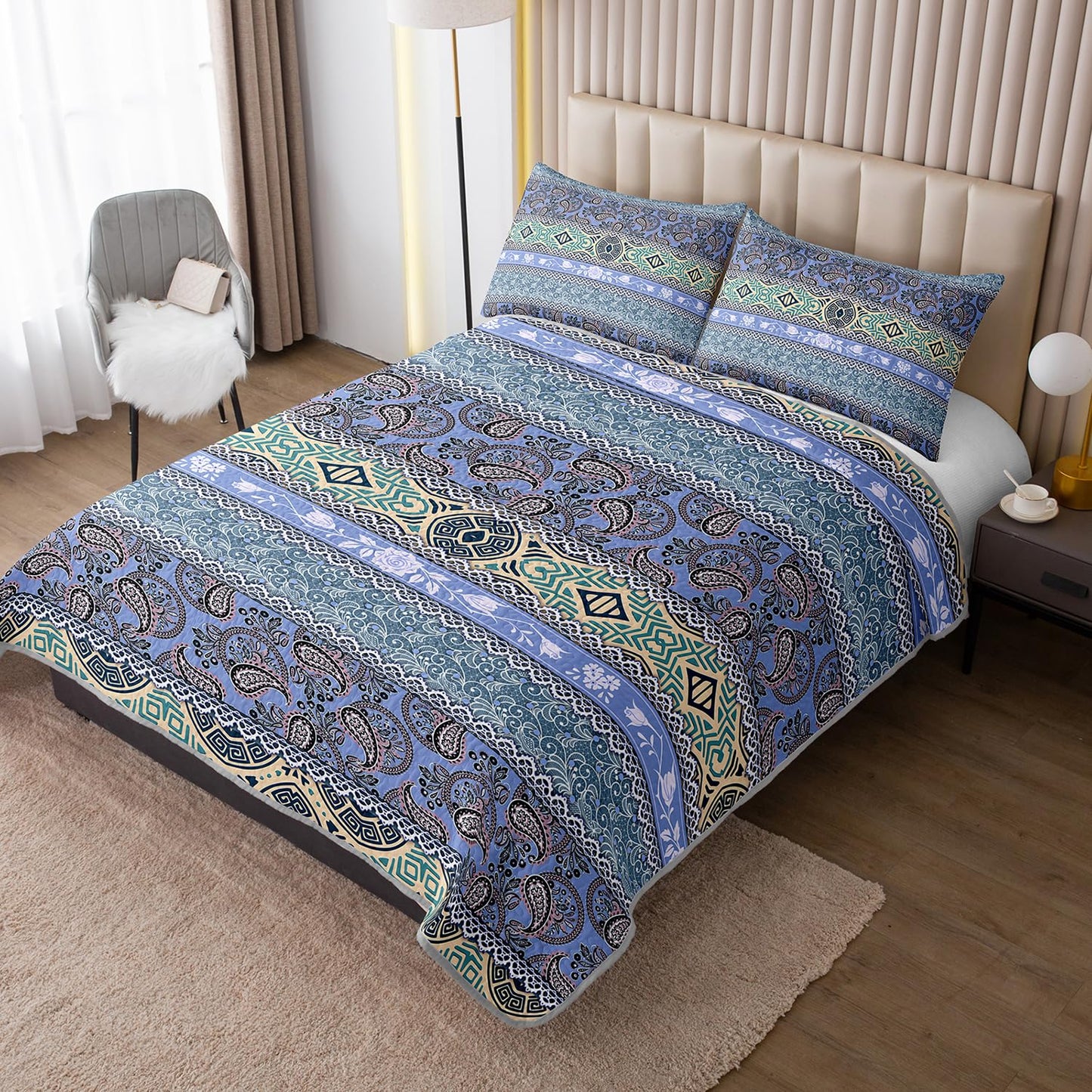UEVBF Blue Bohemian Quilt Set Queen Size,Boho Striped Printed Bedding Bedding Set for Summer,Retro Soft Lightweight Microfiber Quilt with 2 Pillowcases.