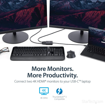 StarTech.com USB-C to Dual HDMI Adapter, USB Type-C Multi-Monitor MST Hub, Dual 4K 30Hz/1080p 60Hz HDMI Laptop Display Extender/Splitter, Extra-Long Built-In Cable, Windows Only (MSTCDP122HD)