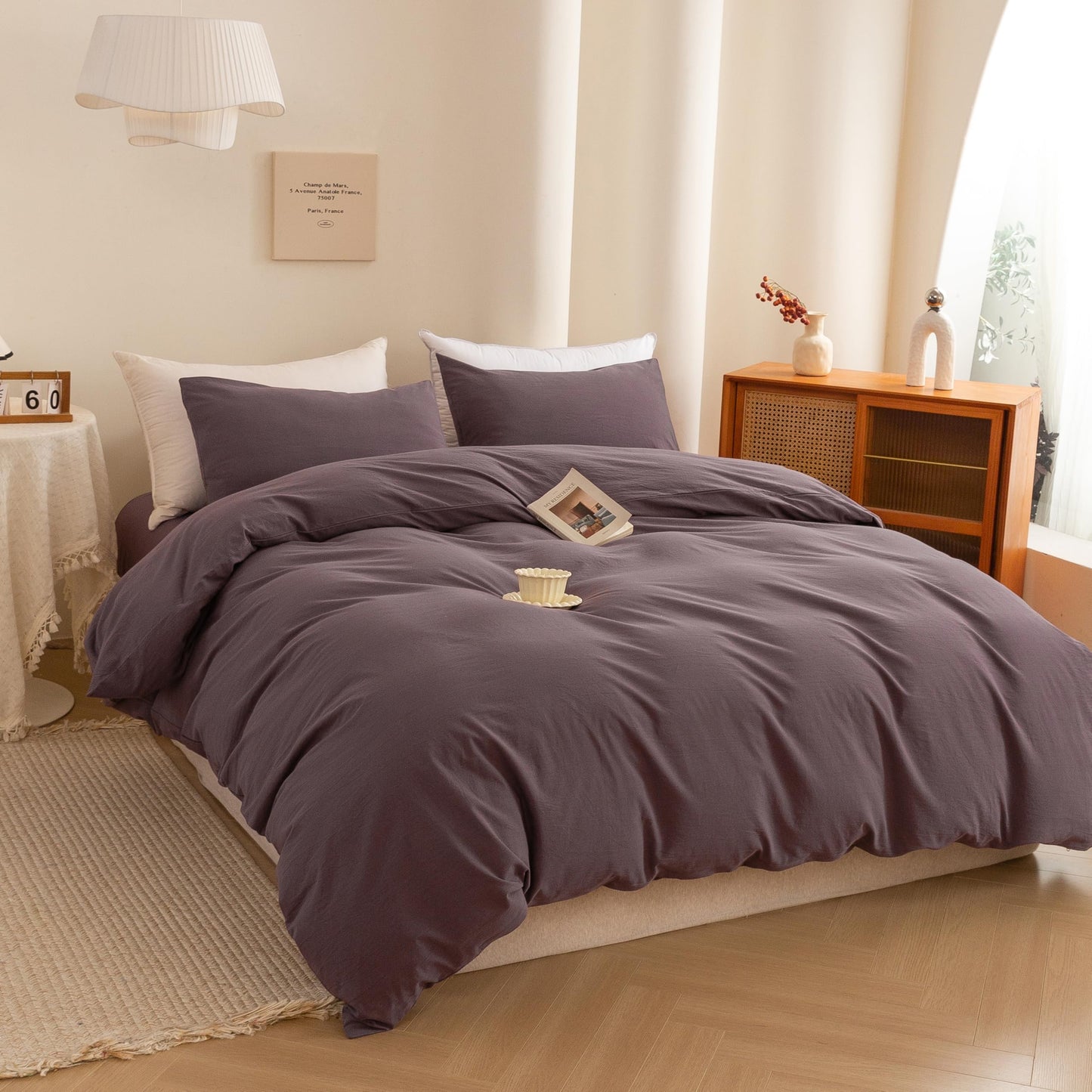 ECOCOTT Lilac Purple Duvet Cover Queen, 100% Washed Cotton 3 Piece Duvet Cover Sets 1 Duvet Cover with Zipper and 2 Pillowcases Bedding Set(Lilac Purple,Queen)