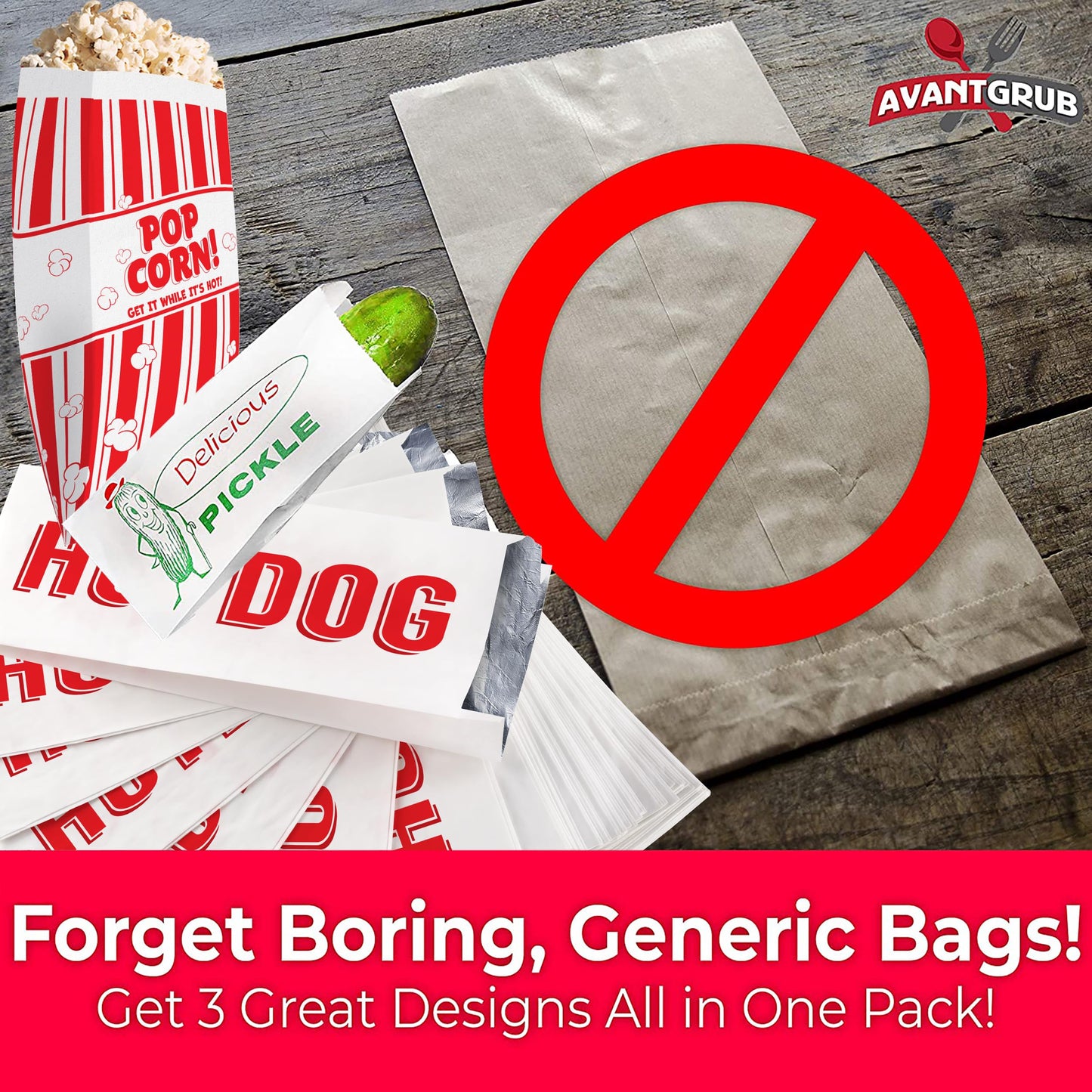Super Fun, Grease-Proof Food Wrapper 150 Combo Pack. 50 Each Pickle, Hot Dog and Popcorn Durable Retro Bags. Snack Bag Trio for Party Favors or Treats. Great for Themed Parties, Carnival and Festival