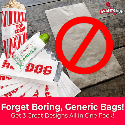 Super Fun, Grease-Proof Food Wrapper 150 Combo Pack. 50 Each Pickle, Hot Dog and Popcorn Durable Retro Bags. Snack Bag Trio for Party Favors or Treats. Great for Themed Parties, Carnival and Festival