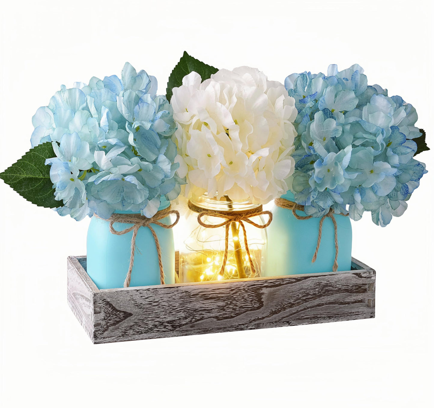 Coastal Beach Decor, Mason Jar Lights Beach Party Themed Decorations Centerpieces with Hydrangea, Sarfish Decor, Wood Tray, Coastal Beachy Table Summer Decoration for Dining Room Coffee Kitchen