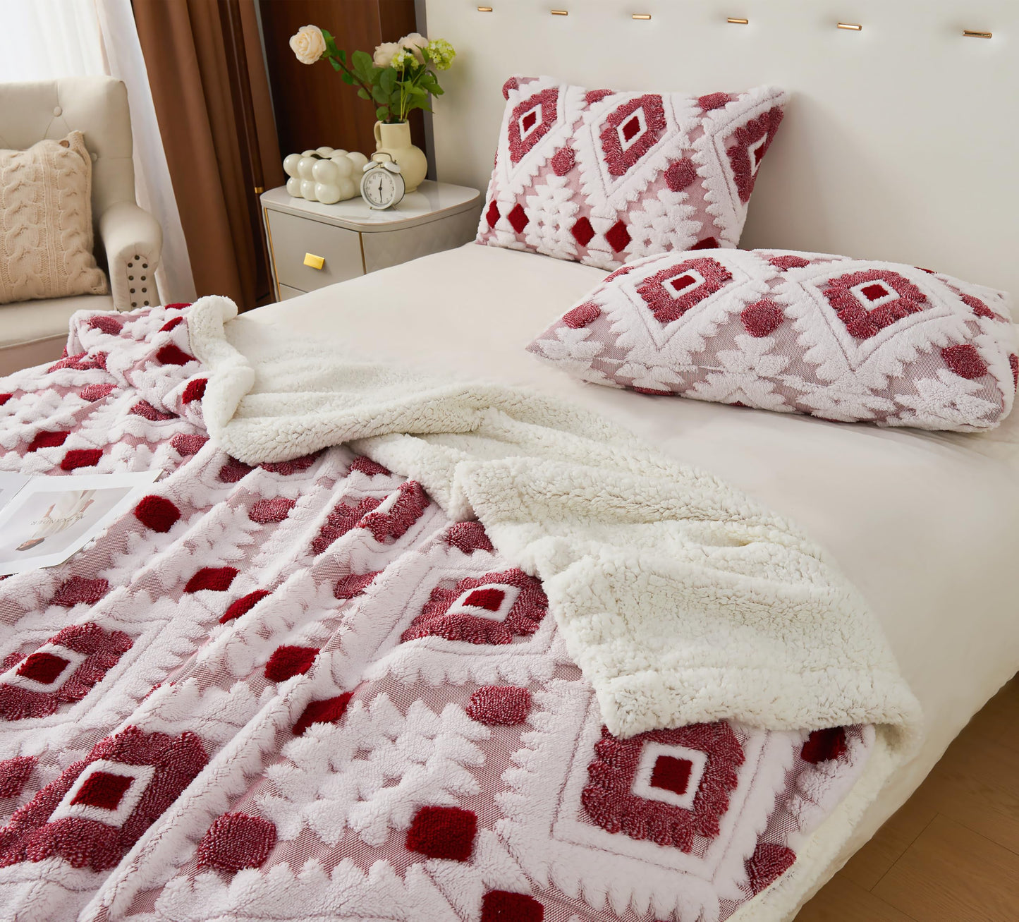 LEVINIS Boho Sherpa Fleece Blanket 80'' × 90'', Ultra Soft Aztec Queen Blankets for All Season, Cozy, Plush, Bohemian Throw Blanket for Bed/Couch/Sofa/Office/Camping, Rose Red