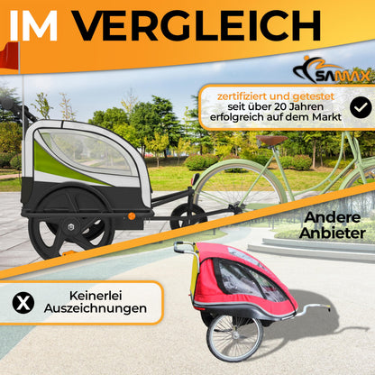 SAMAX Children Bike Trailer 2in1 Kids Jogger Stroller with Suspension 360° rotatable Childs Bicycle Trailer Transport Buggy Carrier for 2 Kids in Green - Black Frame