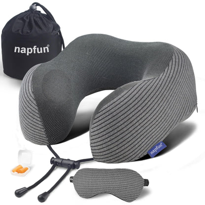 napfun Neck Pillow for Traveling, Upgraded Travel Neck Pillow for Airplane 100% Pure Memory Foam Travel Pillow for Flight Headrest Sleep, Portable Plane Accessories, Light Grey