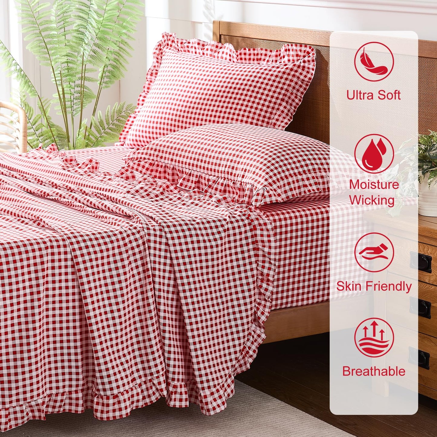 kisswish Gingham King Sheet Set, Lightweight Super Soft Brushed Microfiber Plaid Bed Sheets with 16" Deep Pocket, 4 Piece Ruffle Farmhouse Bedroom Decor, Red