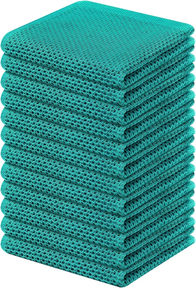 Kitinjoy 100% Cotton Kitchen Dish Cloths, 12 Pack Waffle Weave Ultra Soft