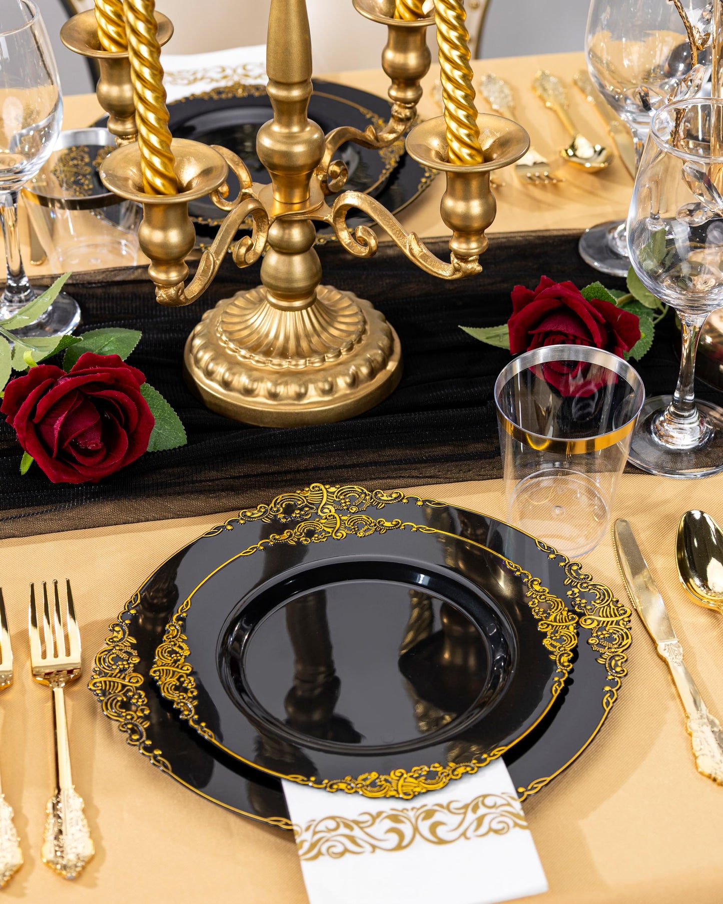 Nervure 100PCS Black and Gold Plastic Plates - 10.25Inch Black Disposable Plates - Black Plastic Dinner Plates for Wedding & Party & Halloween