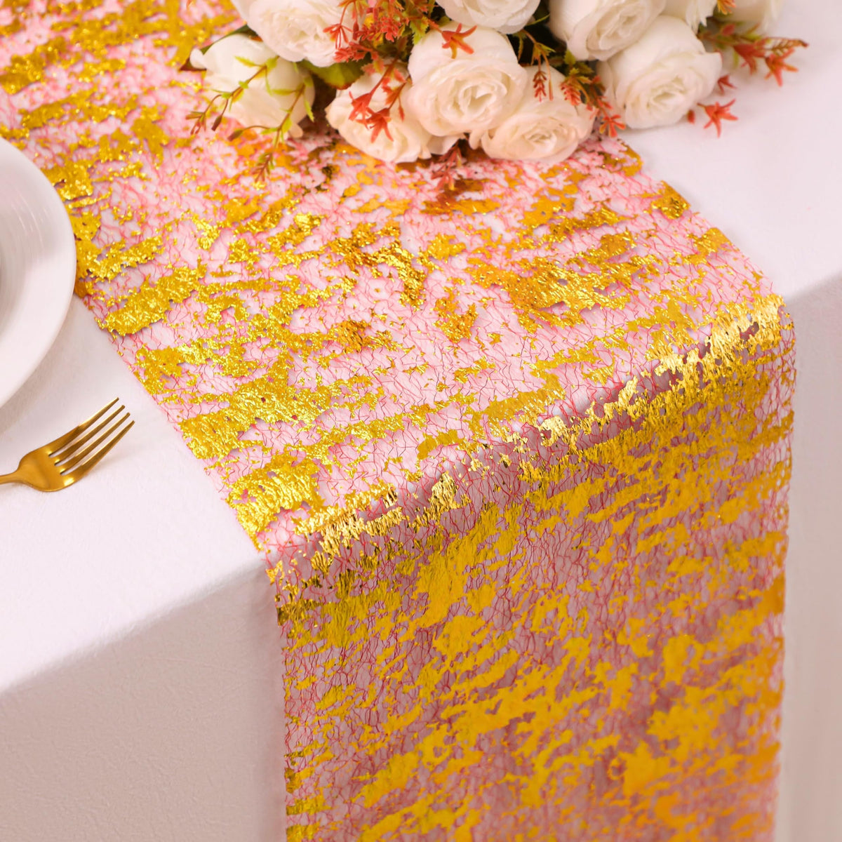 Snowkingdom 2Pcs Gold Table Runner, 11×108 Inch Red and Gold Sequin Glitter Foil Metallic Thin Mesh Table Runner, Sparkle Centerpiece for Wedding Party Birthday Holiday Kitchen Dinner Decoration