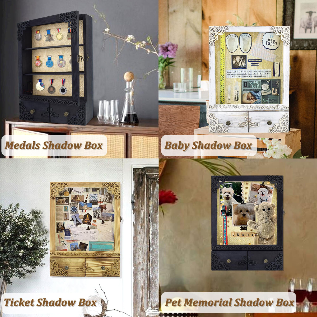 KWYADLUO 11x16 Shadow Box Frame with Light, Memorial Display Case with Shelves, Drawer and Slot for Keepsakes, Deep Memorial Shadow Box for Pet Memorial, Dog Keepsakes and Flowers, Black
