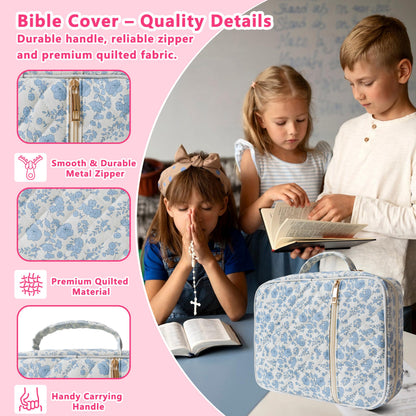 CasaRovela Bible Cover for Women, Large Quilted Case with Handle, Durable Bag and Carrying Case for Girls, Study Supplies Accessories, Christian Gift for Women (Blue Flower, Large)