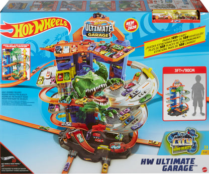 Hot Wheels City Ultimate Garage Playset with Multi-Level Racetrack, 91 cm Tall Moving T-Rex Dinosaur, Parks 100 Cars, Includes 2 Toy Cars, Toys for Ages 5 to 8, One Pack, GJL14