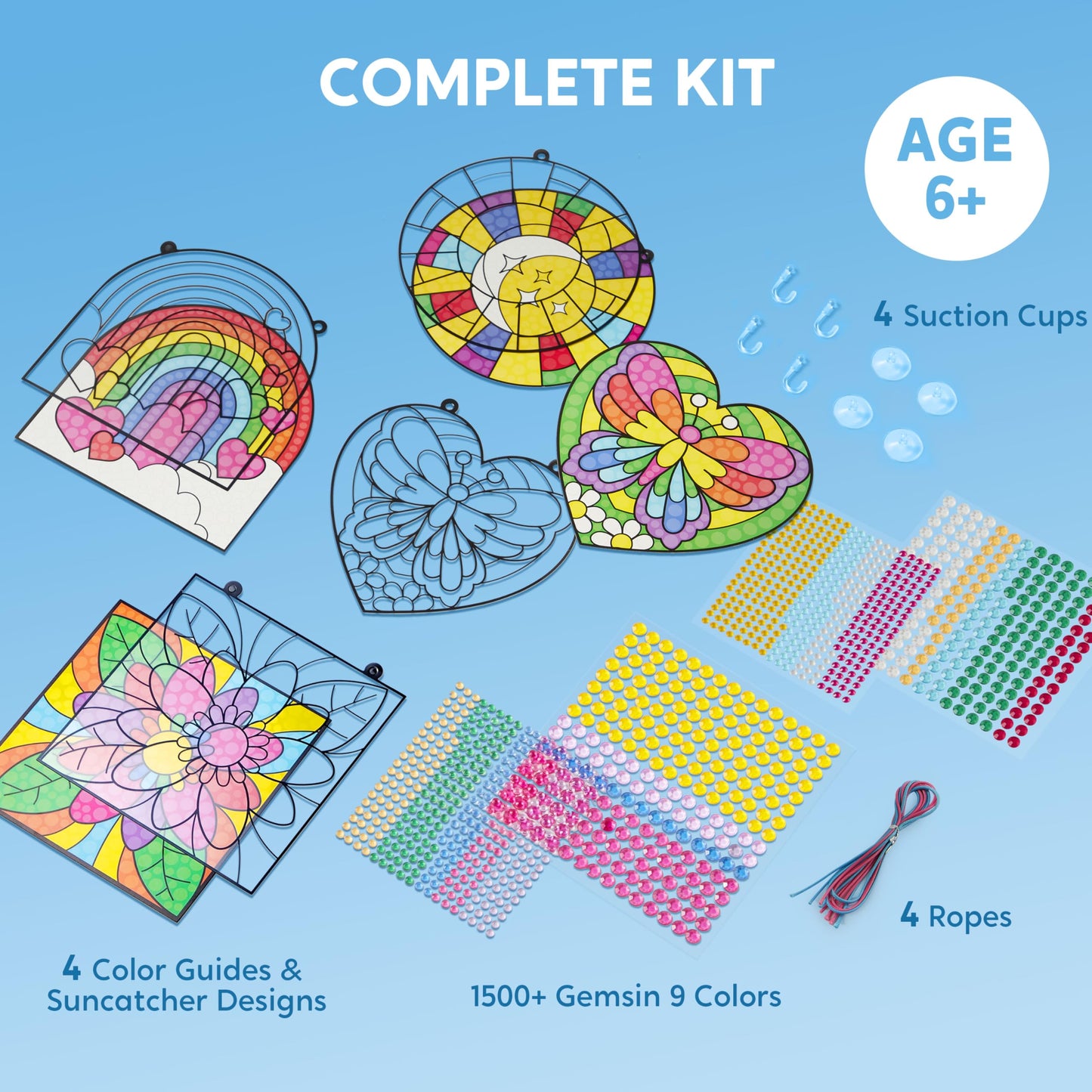 Klever Kits Suncatcher Craft Kit for Children,4 Designs Arts and Crafts for Kids Age 6 7 8 9-12,Gem Diamond Painting Craft Kits,Window Gem Art Set,Birthday Gift for Girls Age 6-12