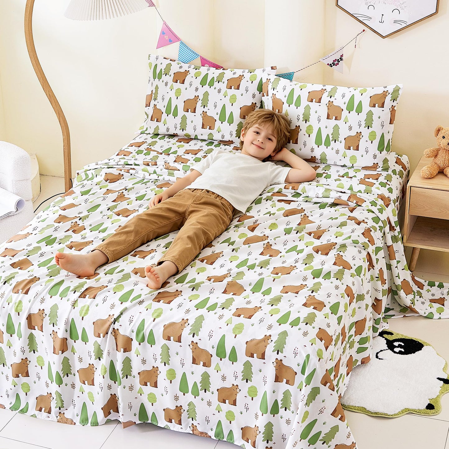 CozySmile Twin Sheet Set Kids,3 Pieces Breathable Soft Microfiber Bedsheets for Child Boys, Oeko-TEX, Anti Pilling Deep Pockets Easy Care Bed Sheets, Forest Bear
