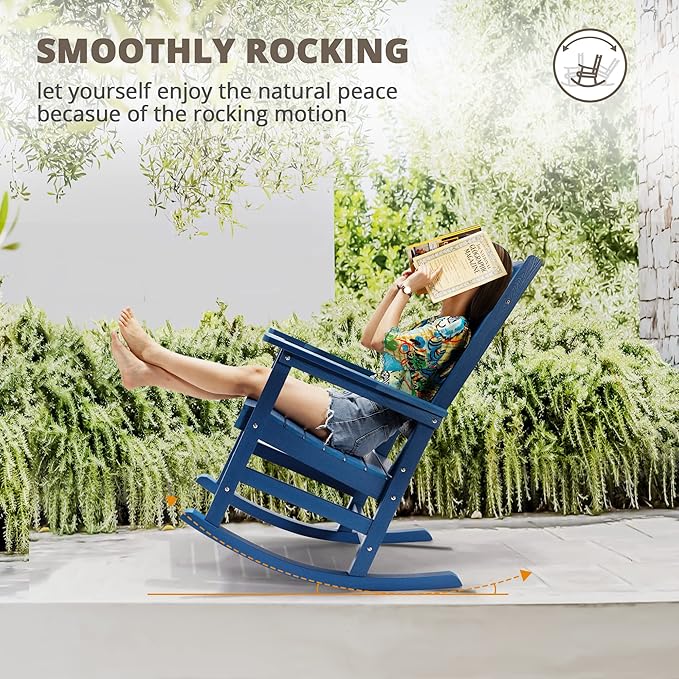 LUE BONA Outdoor Rocking Chairs Set, 3-Piece, HDPS Poly Porch Rockers with Table, Plastic Weather Resistant Rocking Chair Set for Outdoor Indoor, Garden, Backyard, 350lb, Navy Blue Chairs+Table