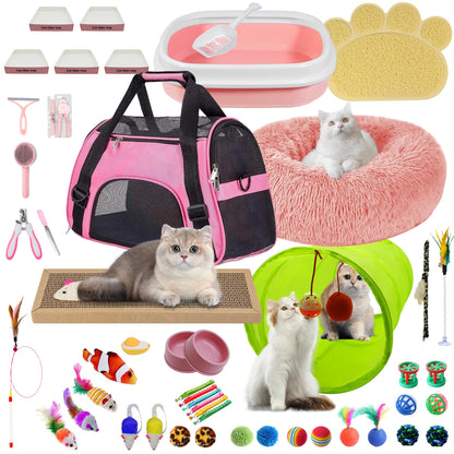 BERXOL 47PCS Kitten Essentials Starter Kit, Ideal for Cats Under 6 Months, Featuring 21-Piece Toy Set, Bed, Carrier, Litter Box, Bowls & More, for New Cat Owners - Pink