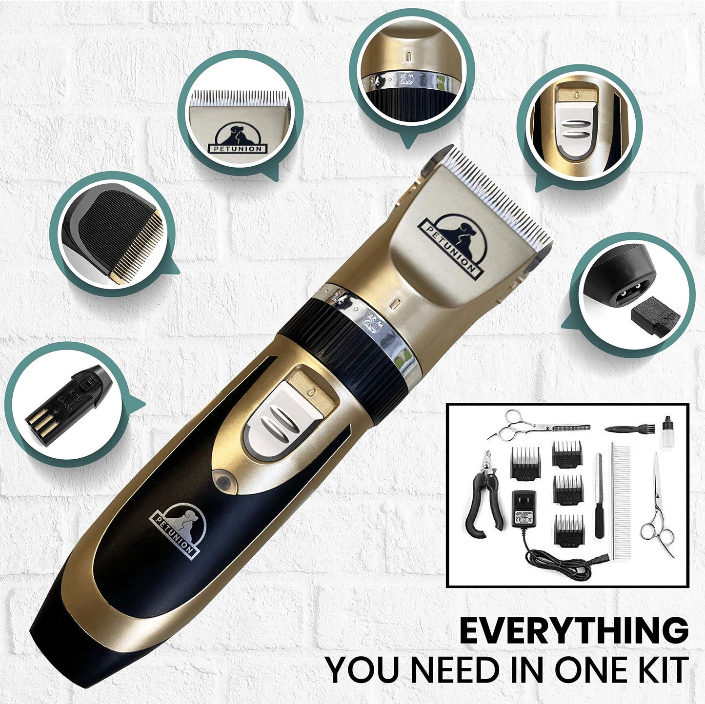Pet Union Professional Dog Grooming Kit - Rechargeable, Cordless Pet Grooming Clippers & Complete Set of Dog Grooming Tools. Low Noise & Suitable for Dogs, Cats and Other Pets (Gold)