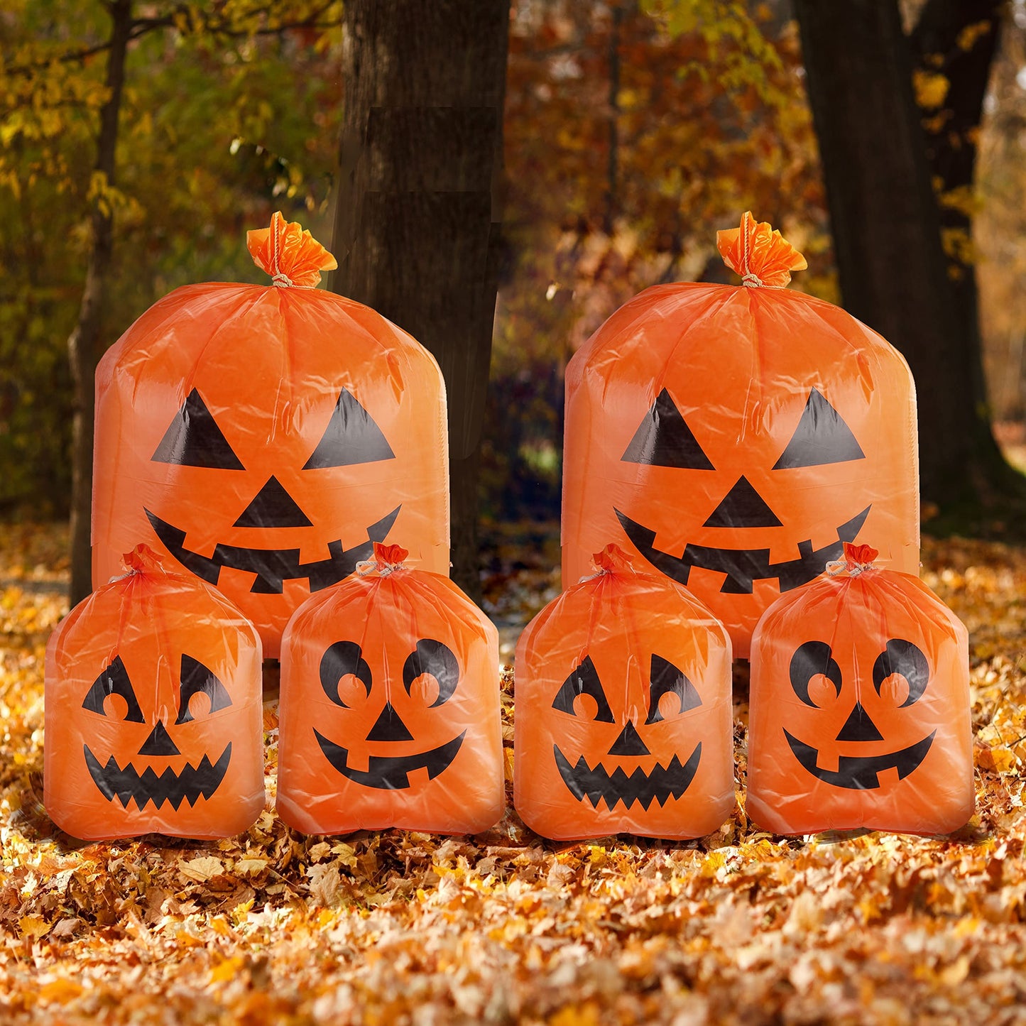 JOYIN 6 Pcs Halloween Pumpkin Leaf Bags, Plastic Lawn Bags for Yard Fall Leaf Halloween Decorations, Jack o' Lantern Reusable Trash Bag for Decor Party Favors, Party Supplies