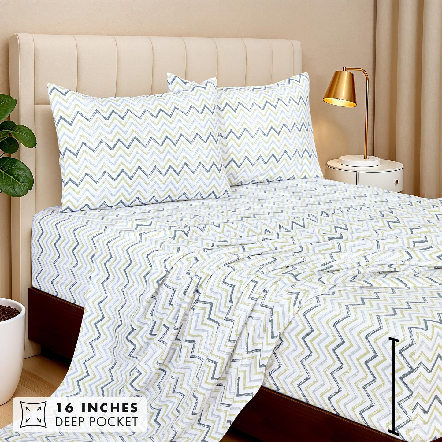 ZOYER Flannel Sheets Queen Size - 100% Cotton Double Brushed Bed Sheets, Deep Pockets 16 Inches Queen Sheet Set, All Seasons Breathable & Extra Soft - Warm & Cozy, 4 Piece, Zig & Zag