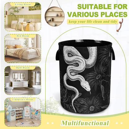 Snake Laundry Basket Floral Prints Funny Foldable Waterproof Oxford Cloth Tote Bag Laundry Hamper Round Large Clothes Storage Bucket Toy Organizer For Bathroom/Laundry Storage/Bedroom 18.9x16.5 Inch