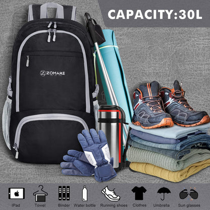 ZOMAKE Lightweight Foldable Backpack, Packable Rucksack 30L Folding Small Back Pack Foldaway Ultralight Daypack for Women Men Travel Hiking Walking (Black)