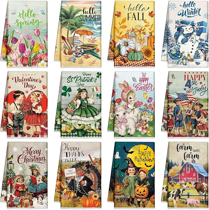 12 Pcs Seasonal Kitchen Towels Set